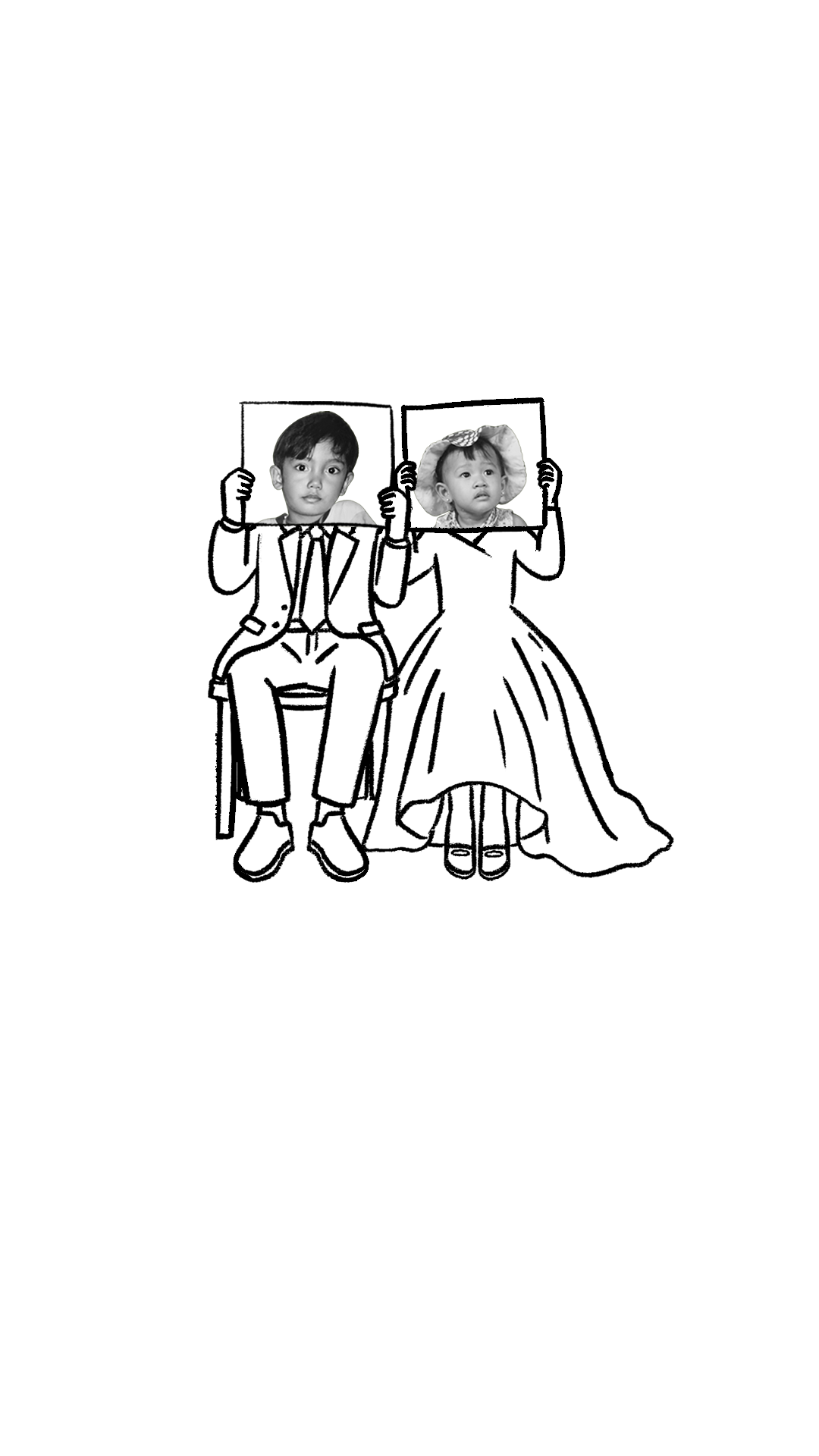 Ilustrasi Rizky dan Resti memegang foto masa kecil